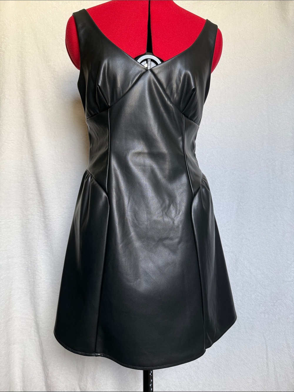 Eyeshadow Black Faux Leather V-Neck A-Line Dress